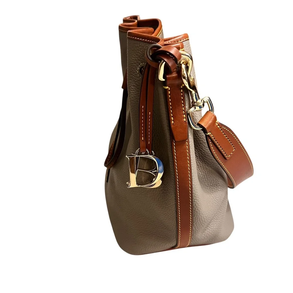 Dooney & Bourke Pebble Grain Small Drawstring Bag Grey Tan Leather Trim Shoulder